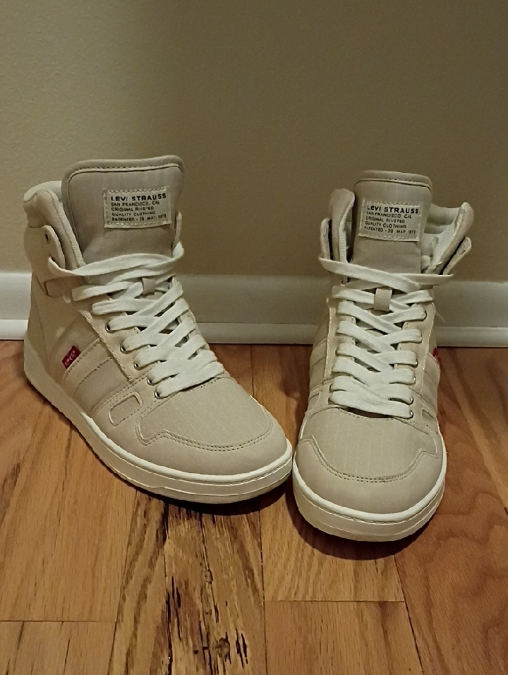 Women's Levi's Cream High-Top Sneakers with Subtle Red Tag | Size 7.5